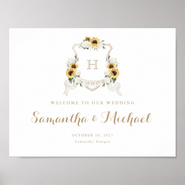 Sunflowers Hydrangea Crest Monogram Welcome Sign (Front)