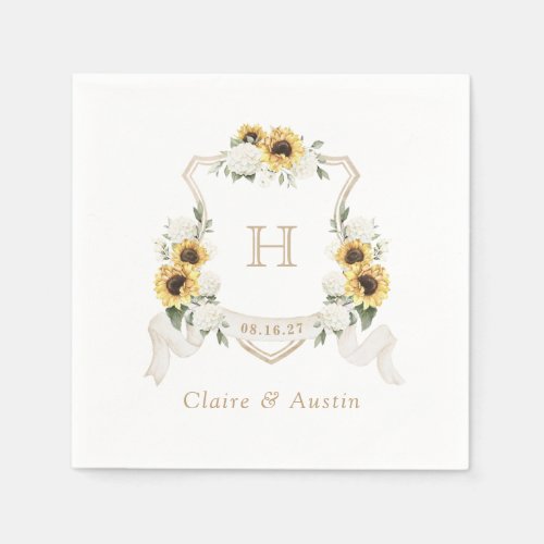 Sunflowers Hydrangea Crest Wedding Monogram Napkins
