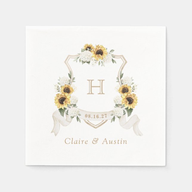 Sunflowers Hydrangea Crest Wedding Monogram Napkins (Front)