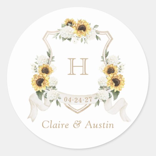 Sunflowers Hydrangea Greenery Crest Envelope Classic Round Sticker