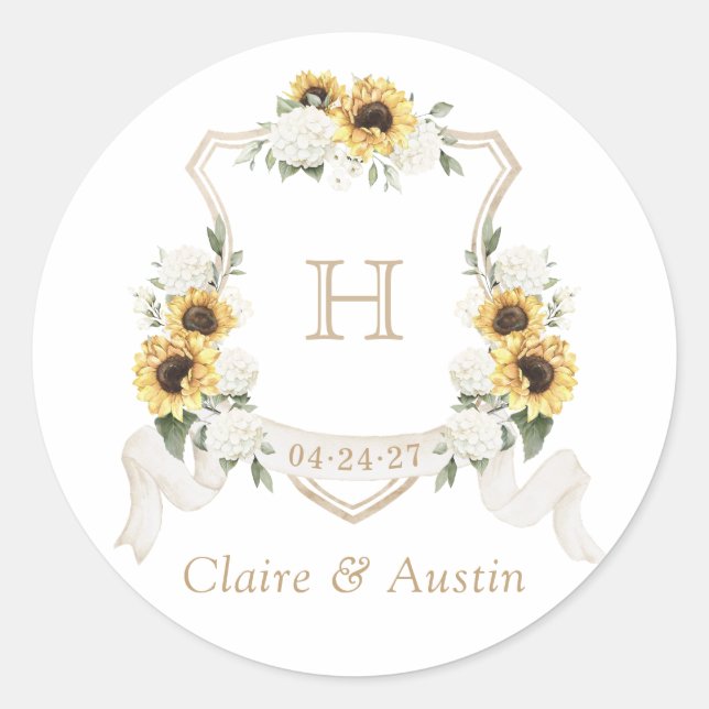 Sunflowers Hydrangea Greenery Crest Envelope Classic Round Sticker (Front)