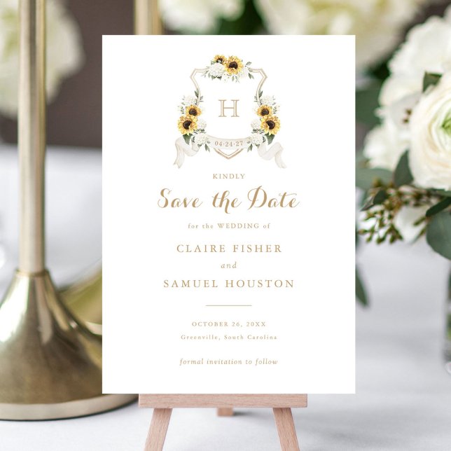 Sunflowers Hydrangea Greenery Crest Save the Date Invitation (Creator Uploaded)