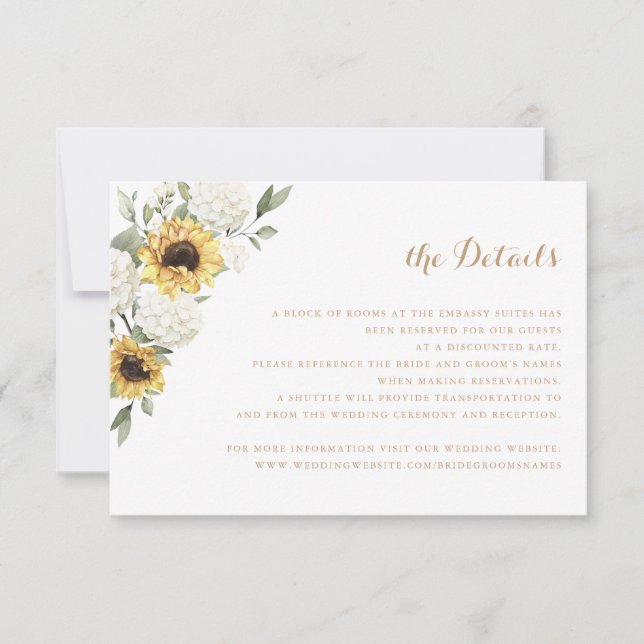 Sunflowers Hydrangea Greenery Wedding Details Invitation (Front)