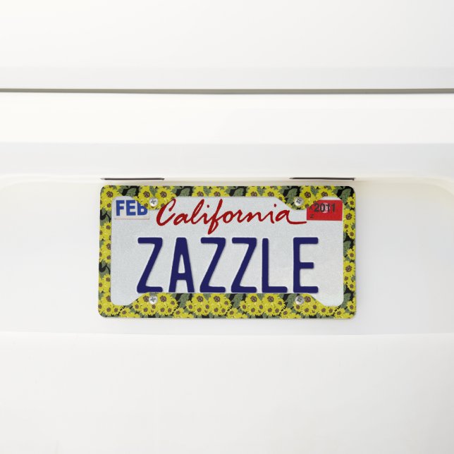 Sunflowers Illustration Art Green Leaves Yellow License Plate Frame (On Car)
