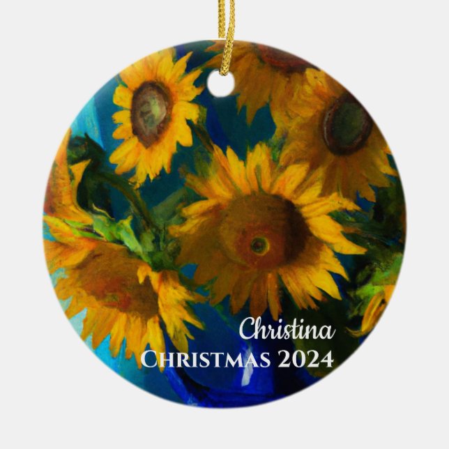Sunflowers.in a Blue Vase personalized Ornament (Front)