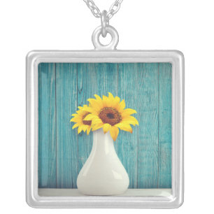 Sunflowers in a vase silver plated necklace