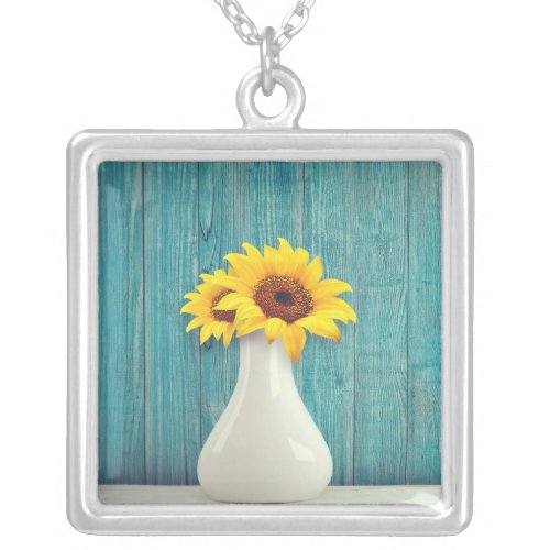 Sunflowers in a vase     silver plated necklace