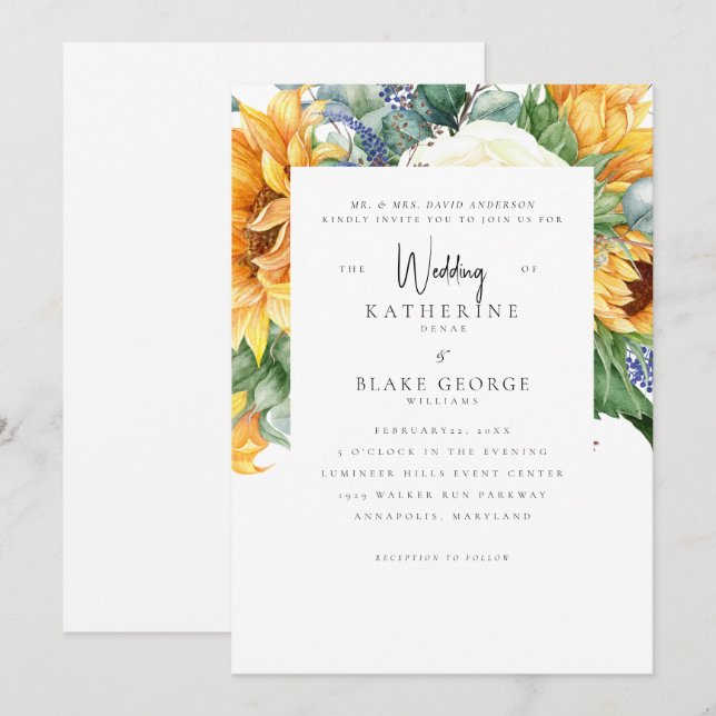Sunflowers in Bloom White Wedding  Invitation (Front/Back)