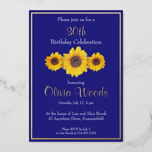 Sunflowers in  blue _  30th birthday foil invitation
