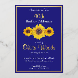Sunflowers in  blue -  40th birthday  foil invitation