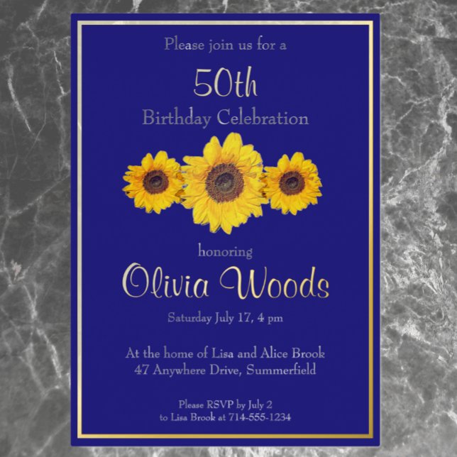 Sunflowers in  blue -  50th birthday   foil invitation (Creator Uploaded)