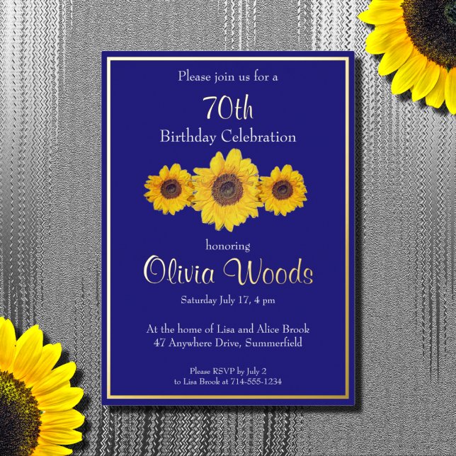 Sunflowers in  blue -  70th birthday    foil invitation (Creator Uploaded)