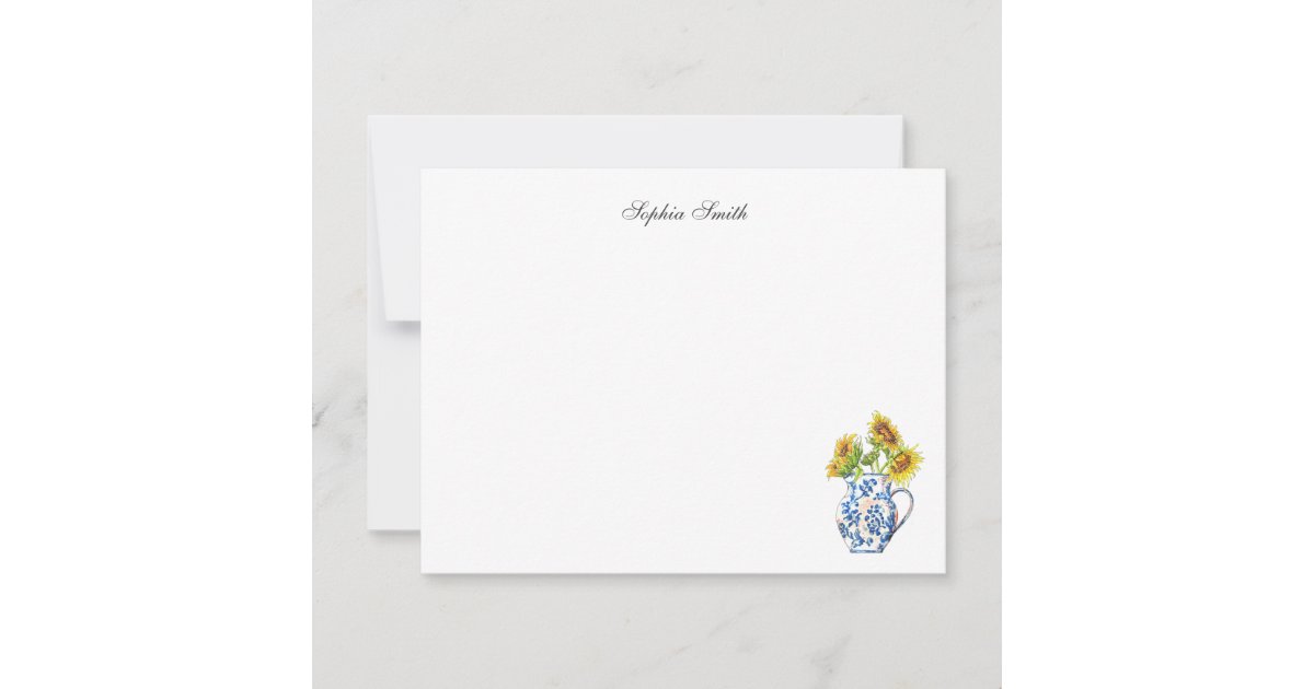 Sunflowers in Blue and White Jug flat note card | Zazzle