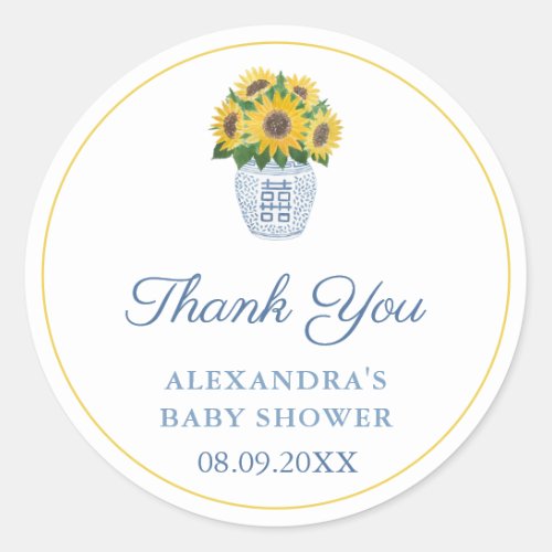 Sunflowers In Blue And White Vase Shower Thank You Classic Round Sticker