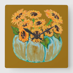 sunflowers in blue pumpkin vase clock