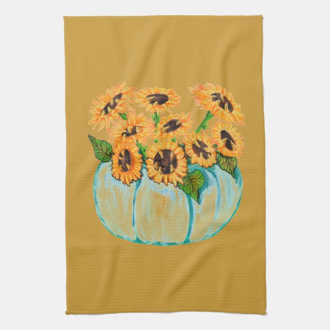 sunflowers in blue pumpkin vase kitchen towel (Vertical)