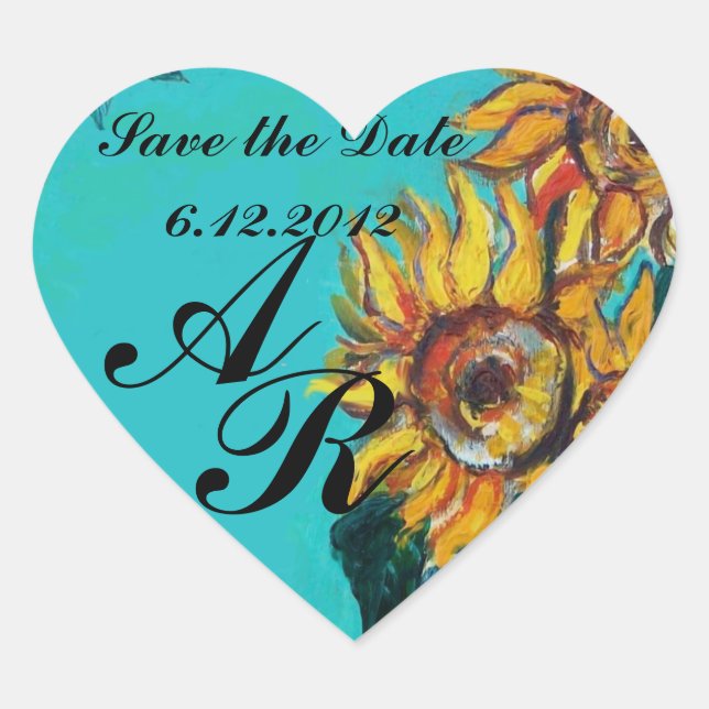 SUNFLOWERS IN BLUE TEAL Save Date Heart Monogram Sticker (Front)