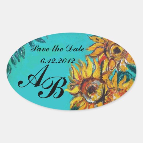 SUNFLOWERS IN BLUE TEAL Save the Date Monogram Oval Sticker