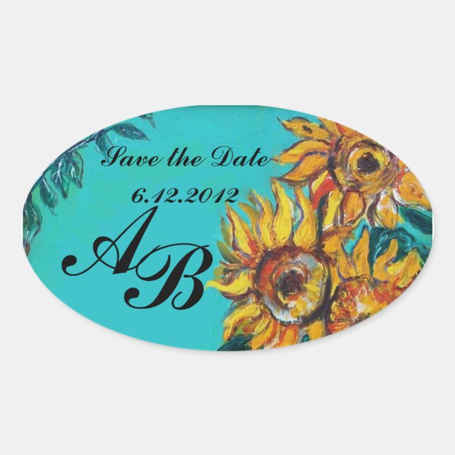 SUNFLOWERS IN BLUE TEAL Save the Date Monogram Oval Sticker (Front)