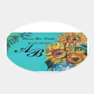 SUNFLOWERS IN BLUE TEAL Save the Date Monogram Oval Sticker