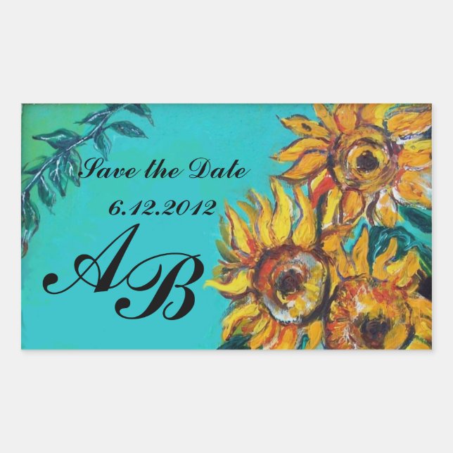 SUNFLOWERS IN BLUE TEAL Save the Date Monogram Rectangular Sticker (Front)