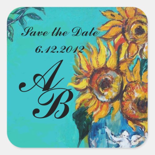 SUNFLOWERS IN BLUE TEAL Save the Date Monogram Square Sticker