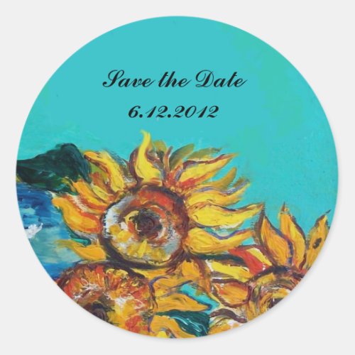 SUNFLOWERS IN BLUE TURQUOISE Save the Date Classic Round Sticker