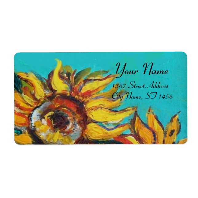 SUNFLOWERS IN BLUE TURQUOISE ,SUMMER PARTY LABEL (Front)