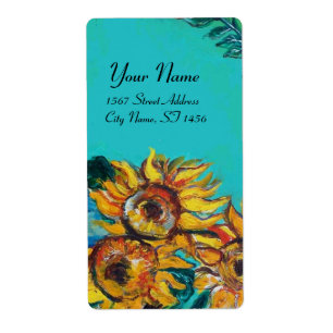 SUNFLOWERS IN BLUE TURQUOISE ,SUMMER PARTY LABEL