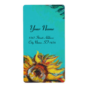 SUNFLOWERS IN BLUE TURQUOISE ,SUMMER PARTY LABEL