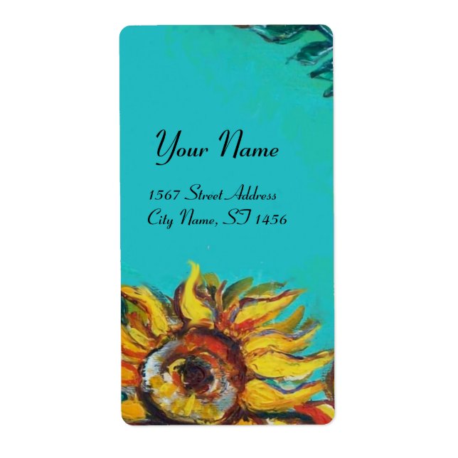 SUNFLOWERS IN BLUE TURQUOISE ,SUMMER PARTY LABEL (Front)