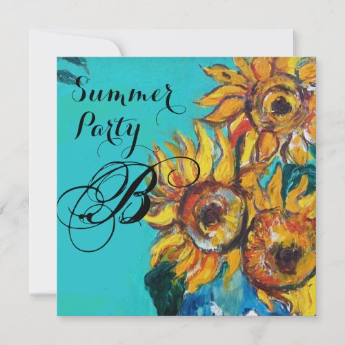 SUNFLOWERS IN BLUE TURQUOISE SUMMER PARTY MONOGRAM INVITATION