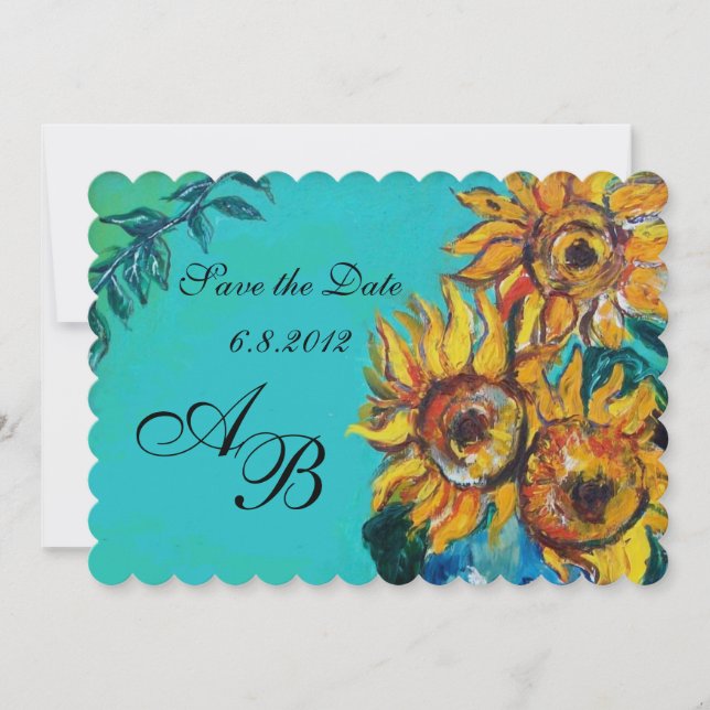 SUNFLOWERS IN BLUE TURQUOISE SUMMER PARTY MONOGRAM INVITATION (Front)