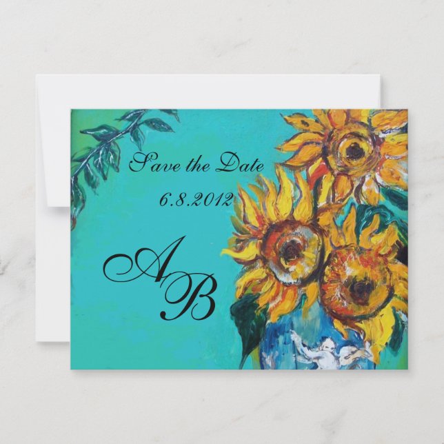 SUNFLOWERS IN BLUE TURQUOISE SUMMER PARTY MONOGRAM INVITATION (Front)