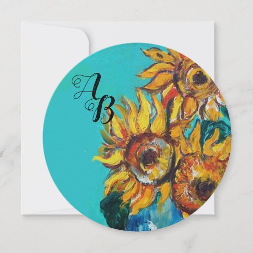 SUNFLOWERS IN BLUE TURQUOISE SUMMER PARTY MONOGRAM INVITATION