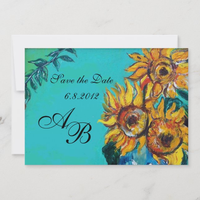 SUNFLOWERS IN BLUE TURQUOISE SUMMER PARTY MONOGRAM INVITATION (Front)