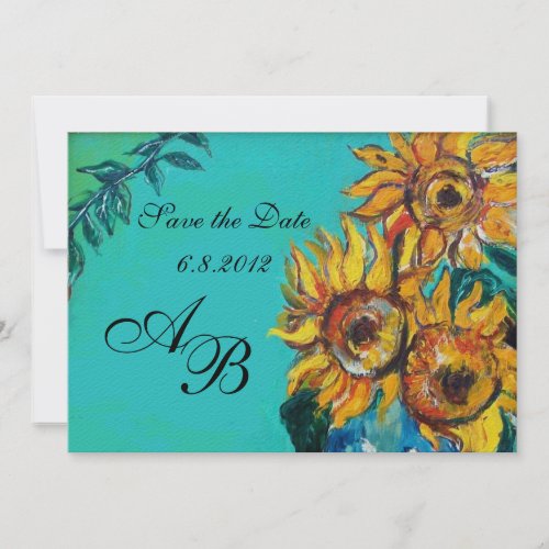 SUNFLOWERS IN BLUE TURQUOISE SUMMER PARTY MONOGRAM INVITATION