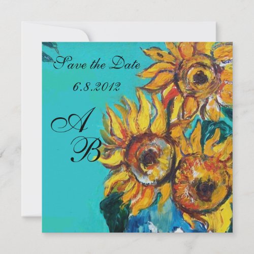 SUNFLOWERS IN BLUE TURQUOISE SUMMER PARTY MONOGRAM SAVE THE DATE