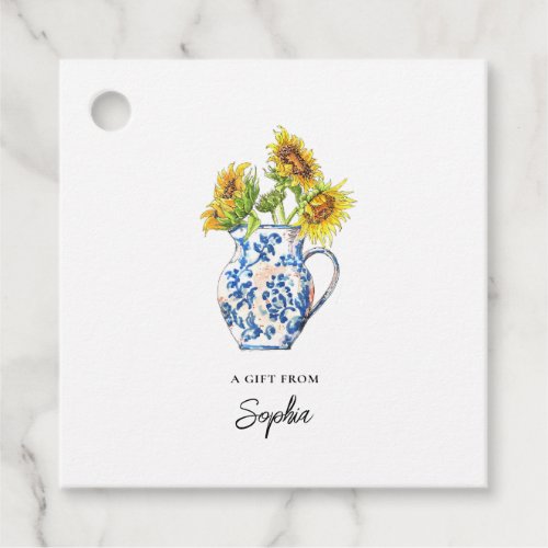 Sunflowers in blue  white vase gift tags