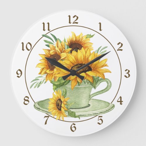 Sunflowers in Coffee Cup and Saucer Farmhouse Large Clock