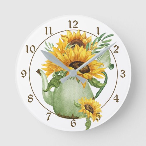 Sunflowers in Coffee Pot Pitcher Farmhouse Round Clock