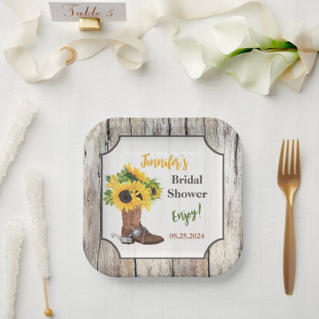 Sunflowers in Cowboy Boot Bridal Shower Paper Plates (Wedding)