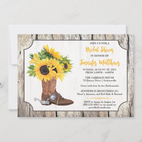 Sunflowers in Cowboy Boot Woodgrain Bridal Shower Invitation