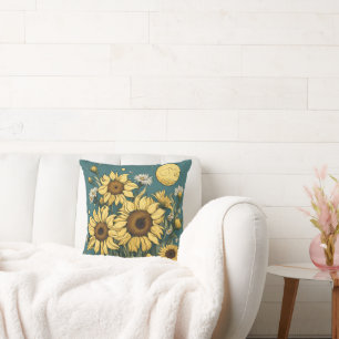 Sunflowers in Full Moon Van Gogh Style Floral Throw Pillow