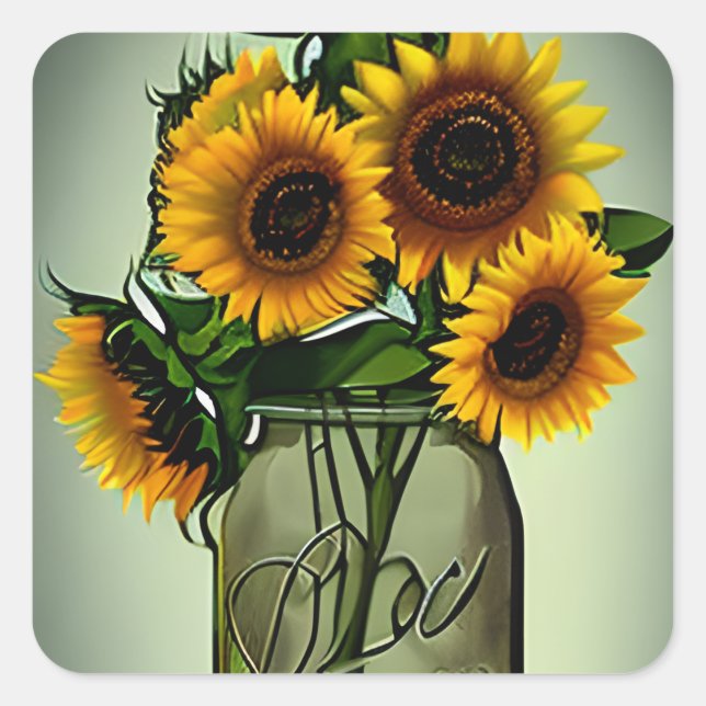 Sunflowers in Glass Jar Digital Art Square Sticker (Front)