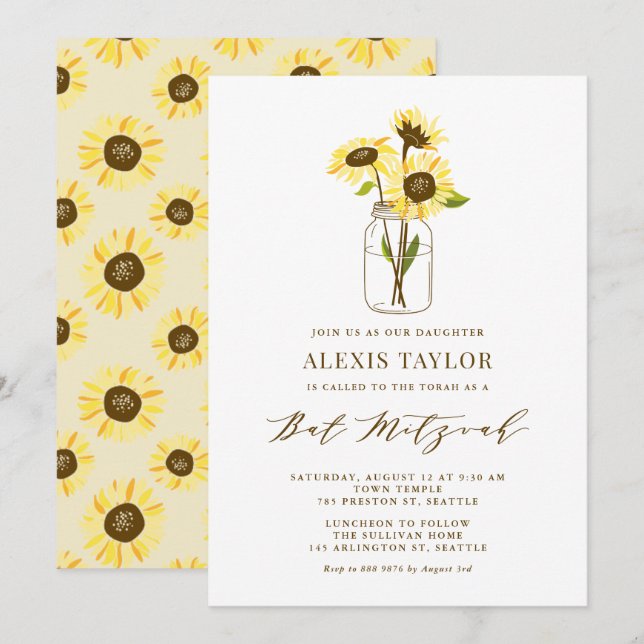 Sunflowers in Mason Jar Bat Mitzvah Invitation (Front/Back)