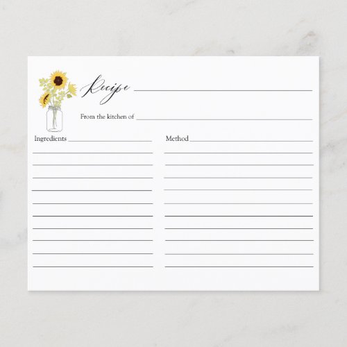 Sunflowers in Mason Jar Bridal Shower Recipe card