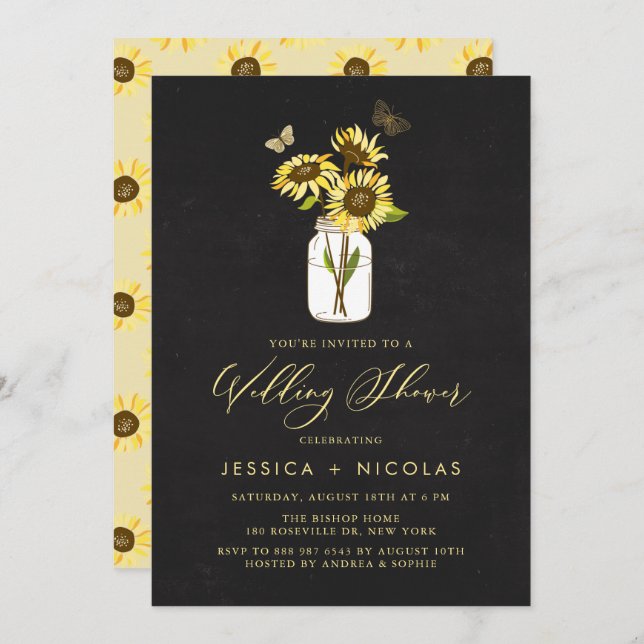 Sunflowers in Mason Jar Chalkboard Wedding Shower Invitation (Front/Back)