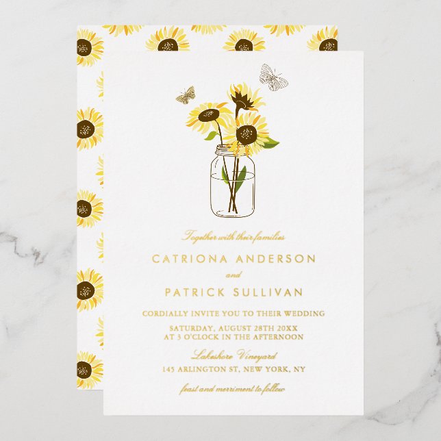 Sunflowers in Mason Jar Country Rustic Wedding Foil Invitation (Front/Back)