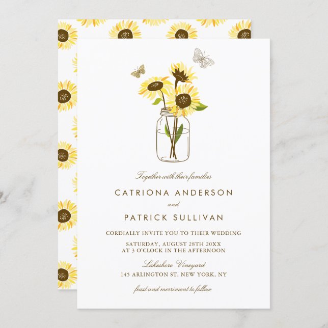 Sunflowers in Mason Jar Country Rustic Wedding Invitation (Front/Back)